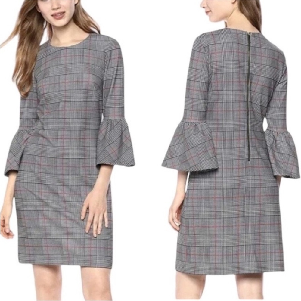 Calvin Klein houndstooth bell sleeve plaid sheath dress